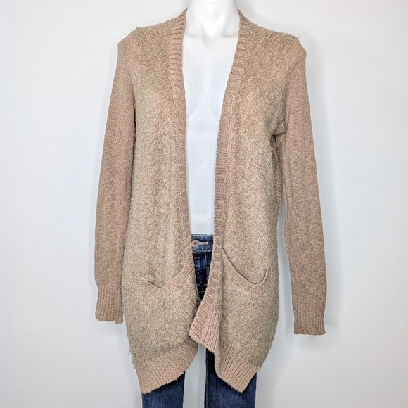 Anthro Sleeping On Snow tan cream cotton wool blend open cardigan sweater S - Picture 1 of 11